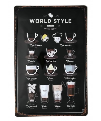 Placa metálica retro decorativa vintage World Style Coffee Recipes - Cafés