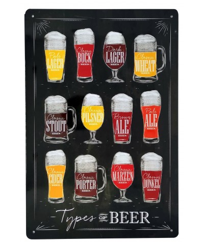 Placa metálica retro decorativa vintage Types of Beer - Tipos de cerveza