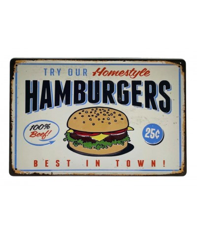 Placa metálica retro decorativa vintage Hamburgers - Hamburguesas