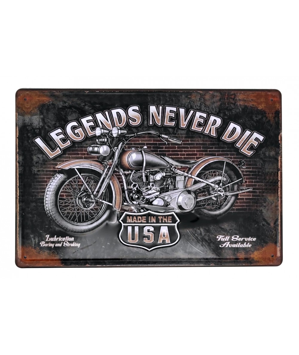 Placa metálica retro decorativa vintage Legends Never Die - Moto