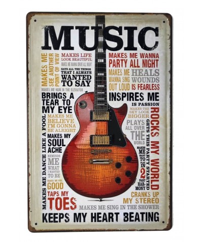 Placa metálica retro decorativa vintage Music Guitar - Guitarra