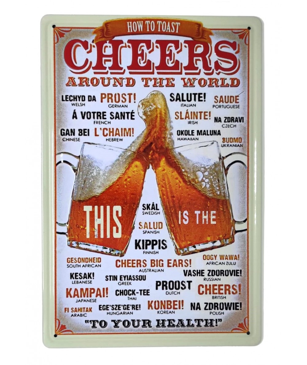 Placa metálica retro decorativa vintage Sheers arround the world - Brindar con cerveza