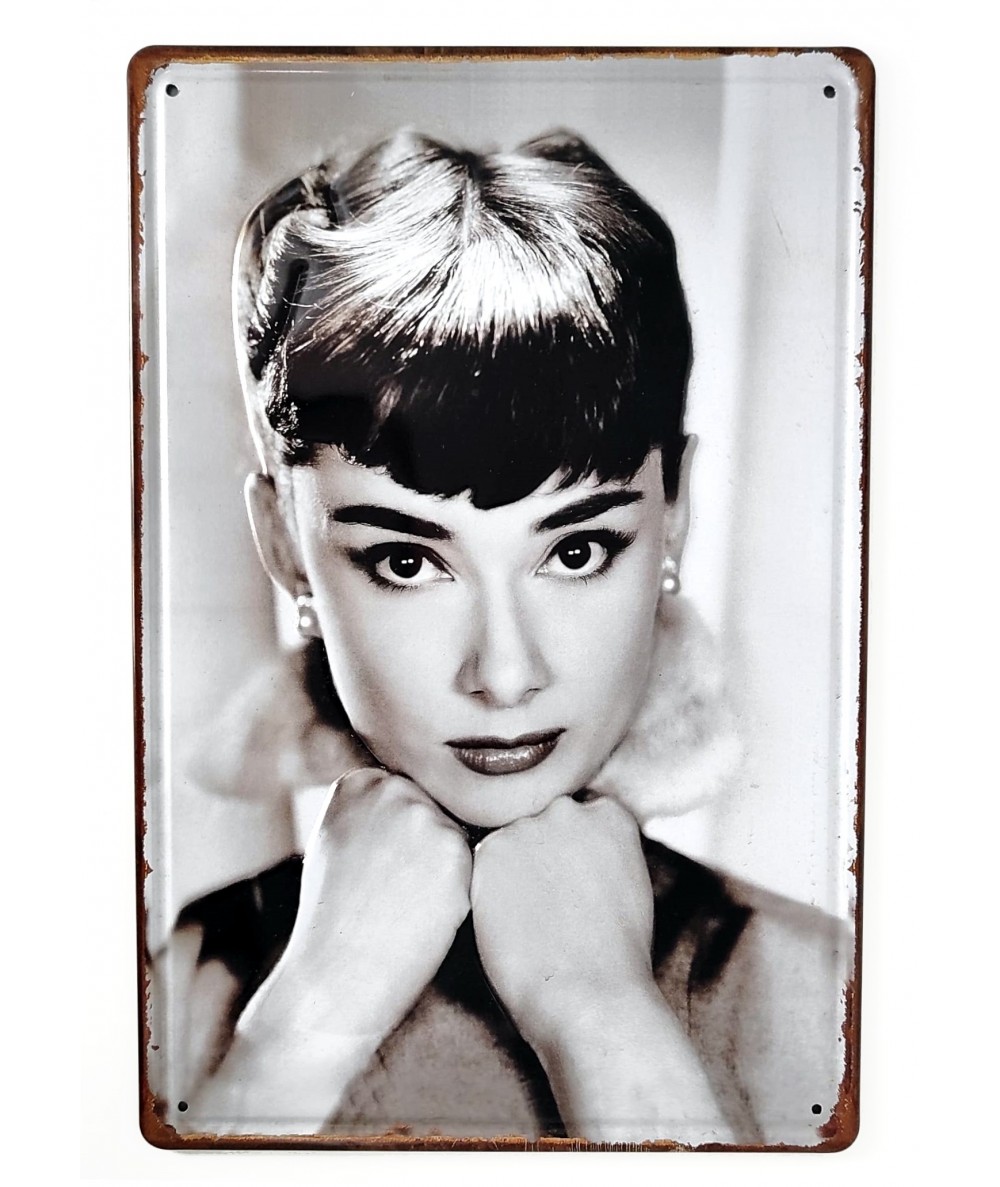 Placa metálica retro decorativa vintage Audrey Hepburn